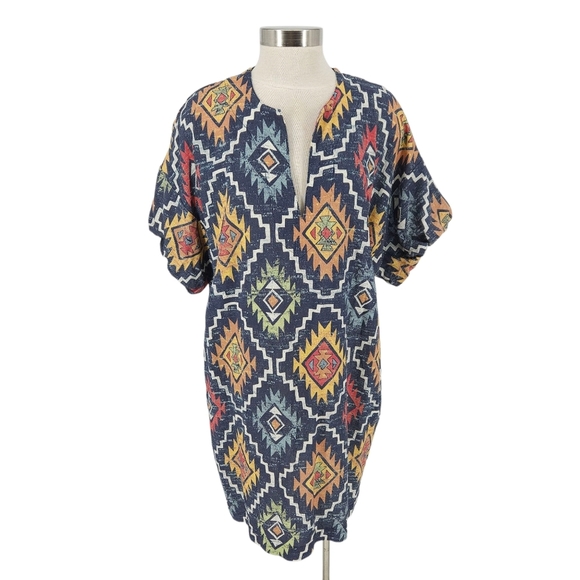 Double D Ranch Pecos Blanket Shift Dress Linen Western Short Sleeve V Neck XS - Picture 1 of 7